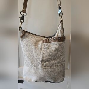 MYRA BAG - Elegant Cream, black and Brown Shoulder Bag Canvas/Cowhide